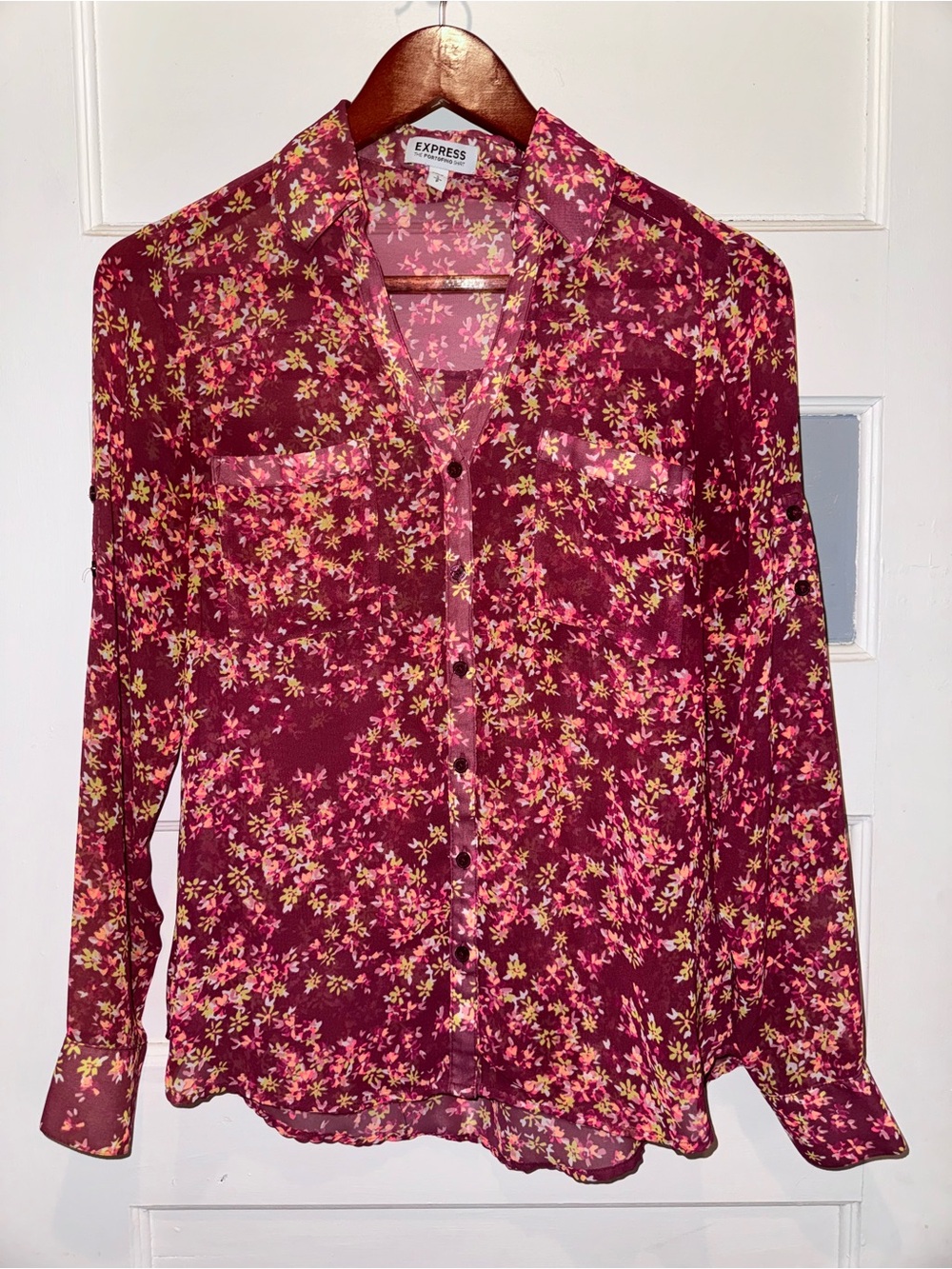 Express Burgundy Floral Button-Front Blouse